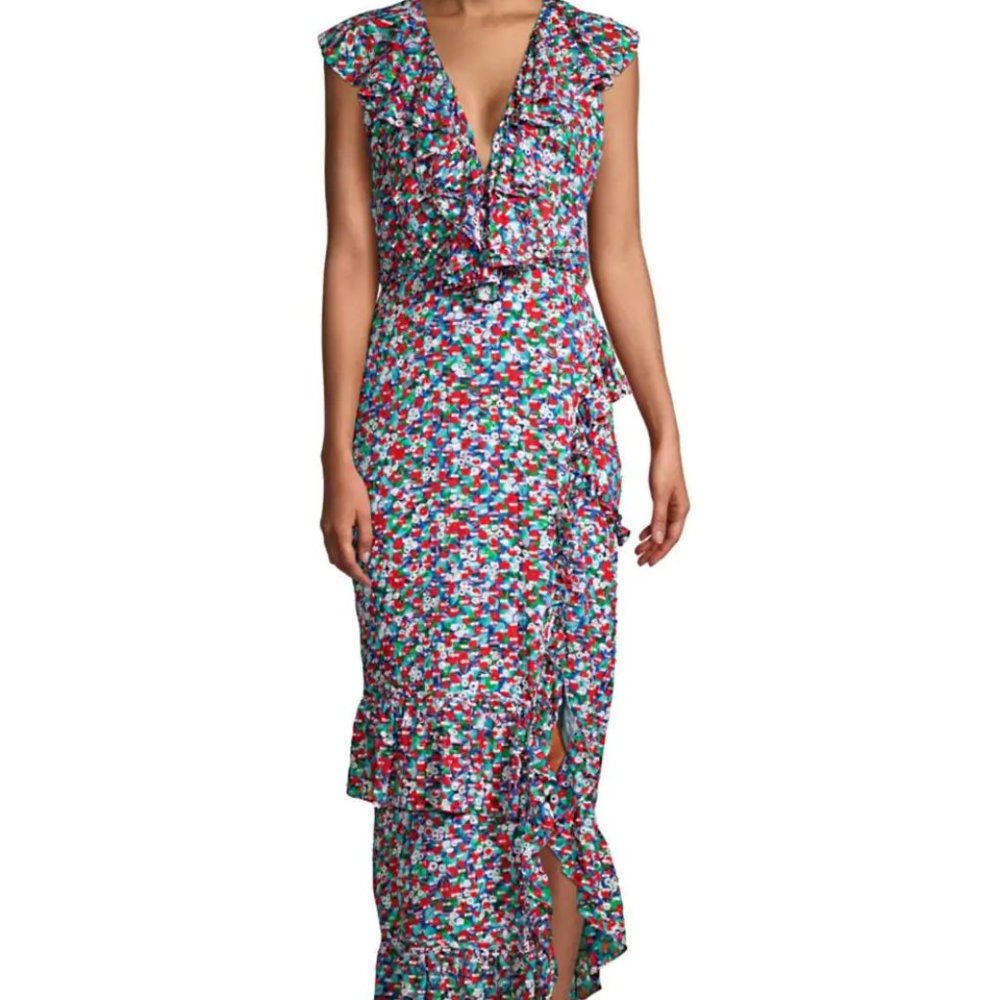 Floral dress with asymmetric ruffle trim